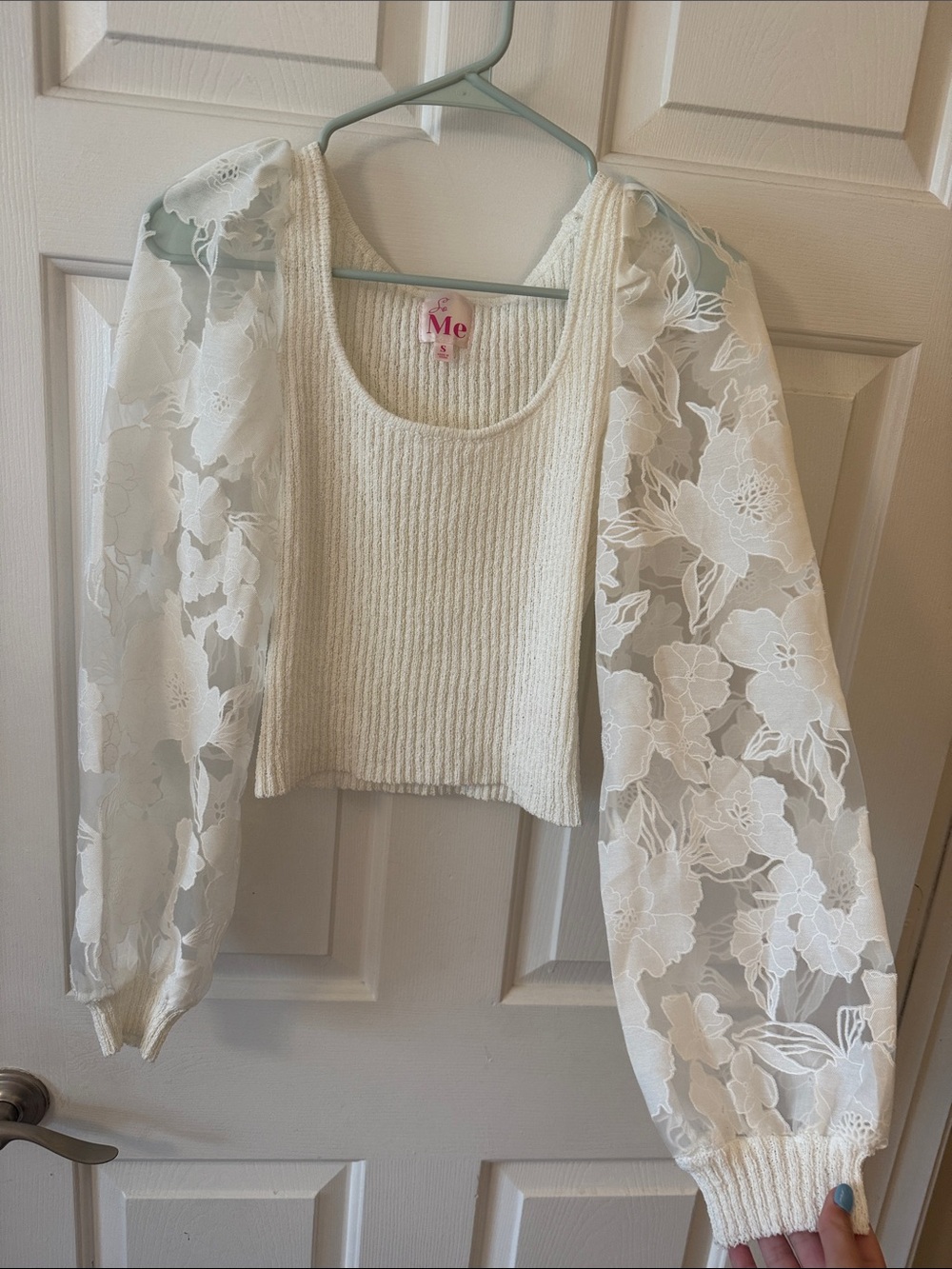 So Me White Ribbed Blouse with Floral Sheer Bishop Sleeves
